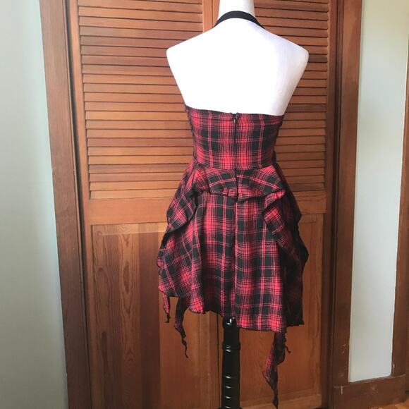 Punk Goth Red Plaid Tartan Pixie Hem Shoulder Strap Dress M - Picture 6 of 7